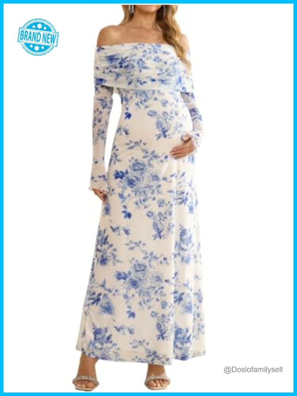 Stretch Floral Maternity Off Shoulder Bodycon Maxi Dress Baby Shower Photoshoot